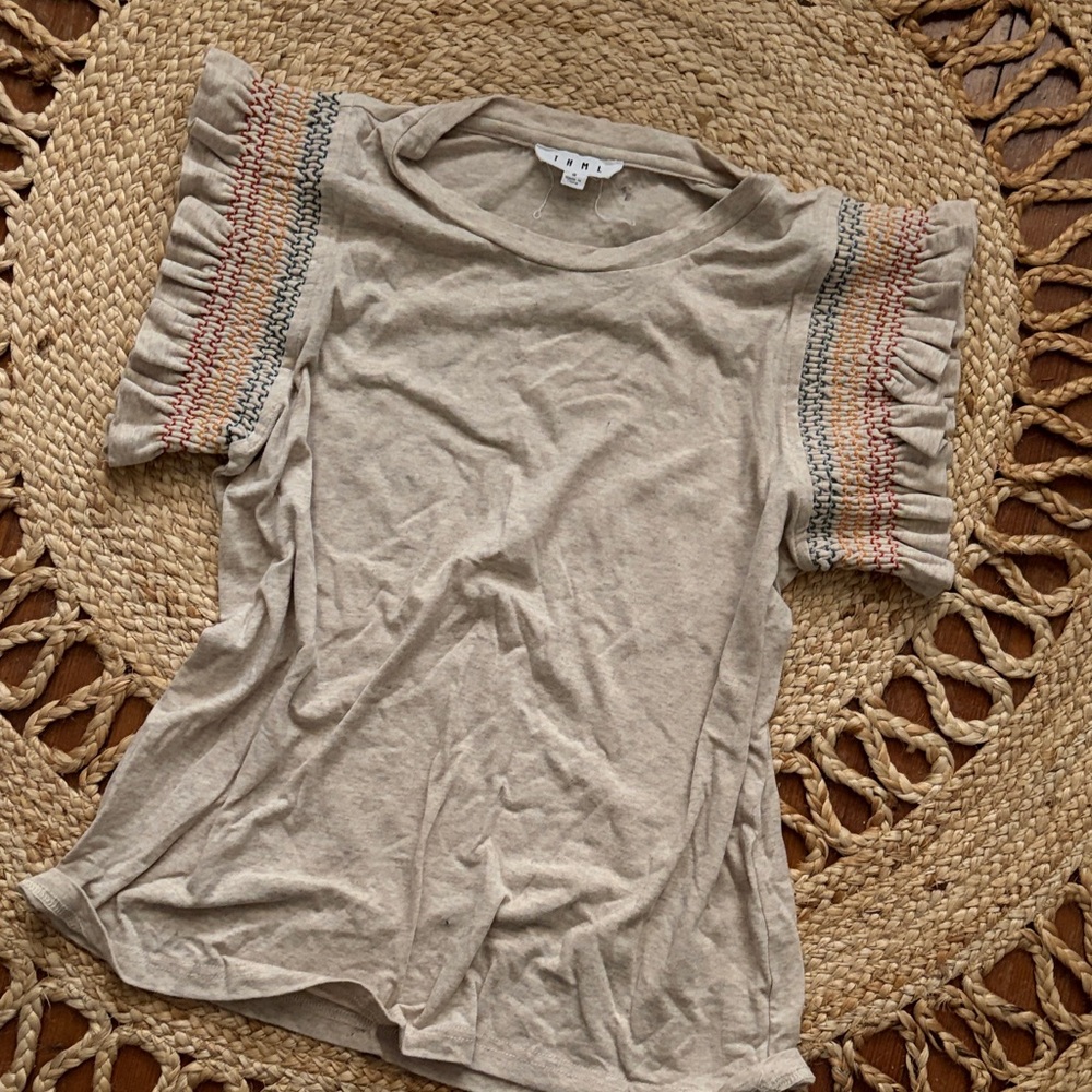 THML Beige Embroidered Ruffle Sleeve Tee